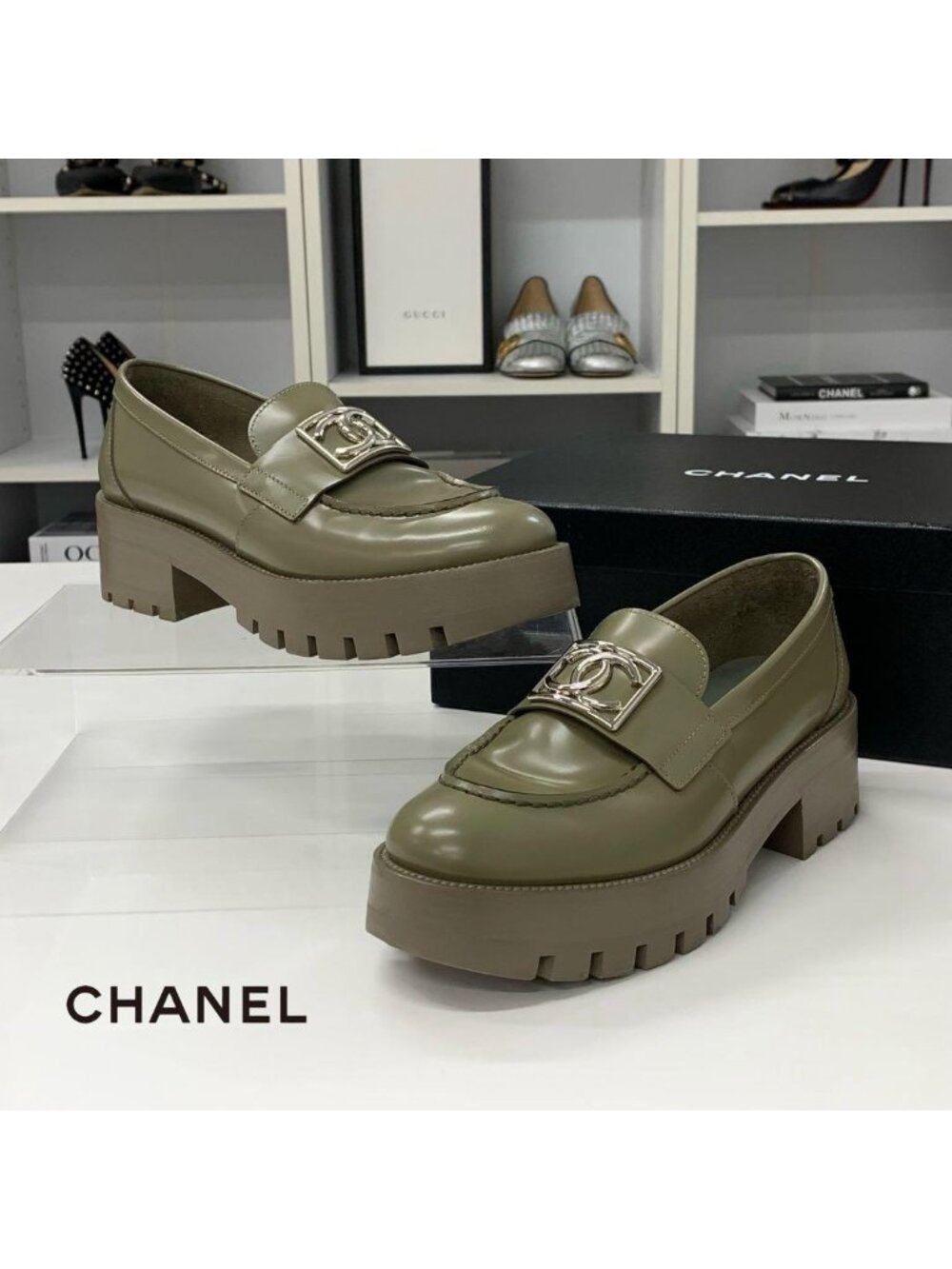 Chanel CC Logo Leather Loafers Khaki